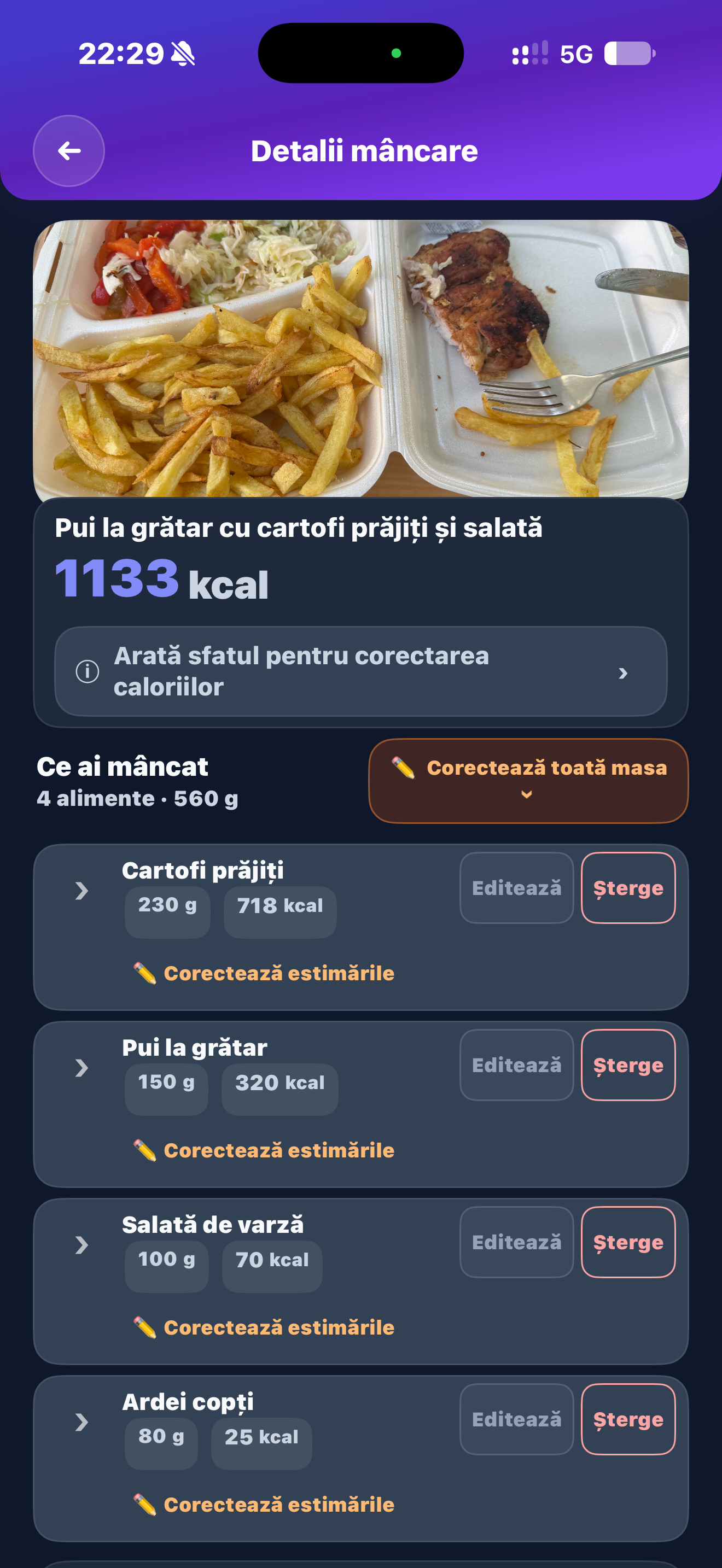 Robycal meal details with a food photo and editable ingredient estimates
