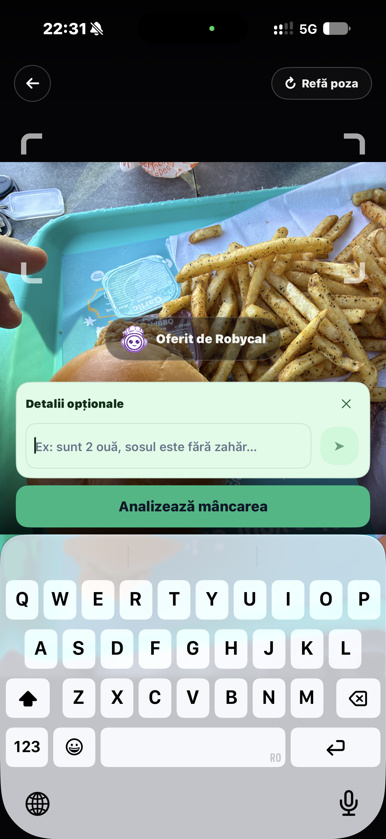 Robycal food photo screen with an optional meal details field