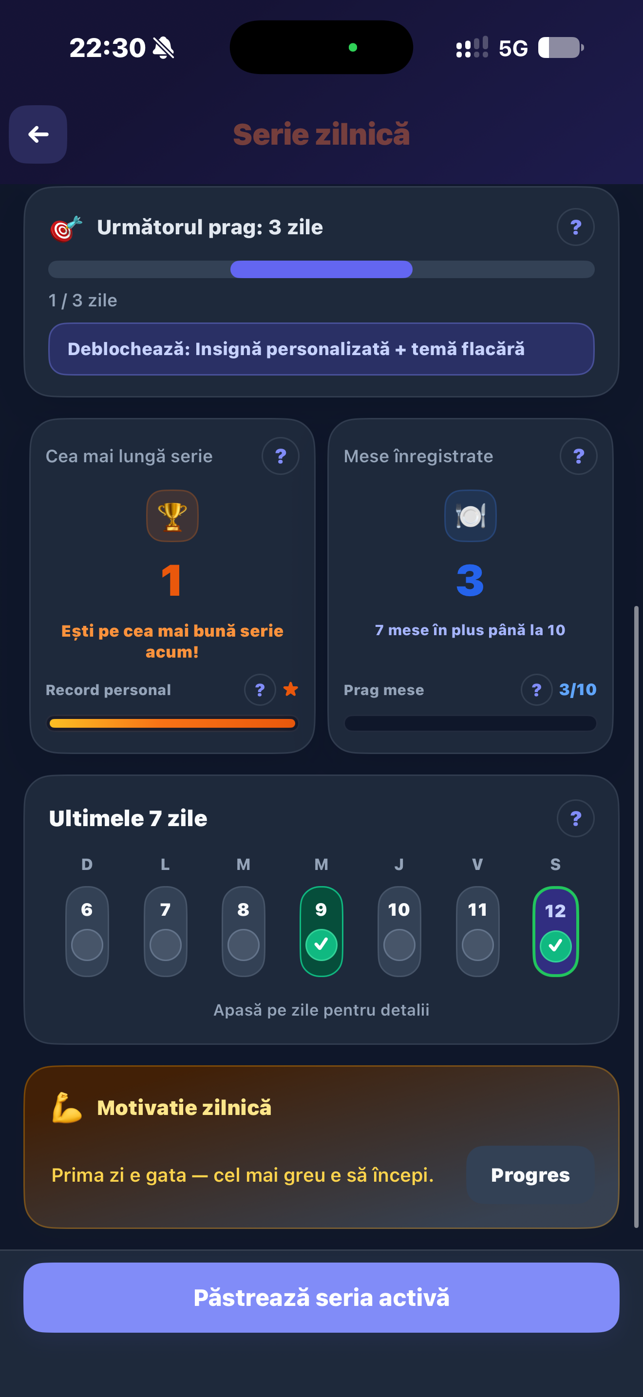Robycal daily streak screen with milestones and a seven day activity view
